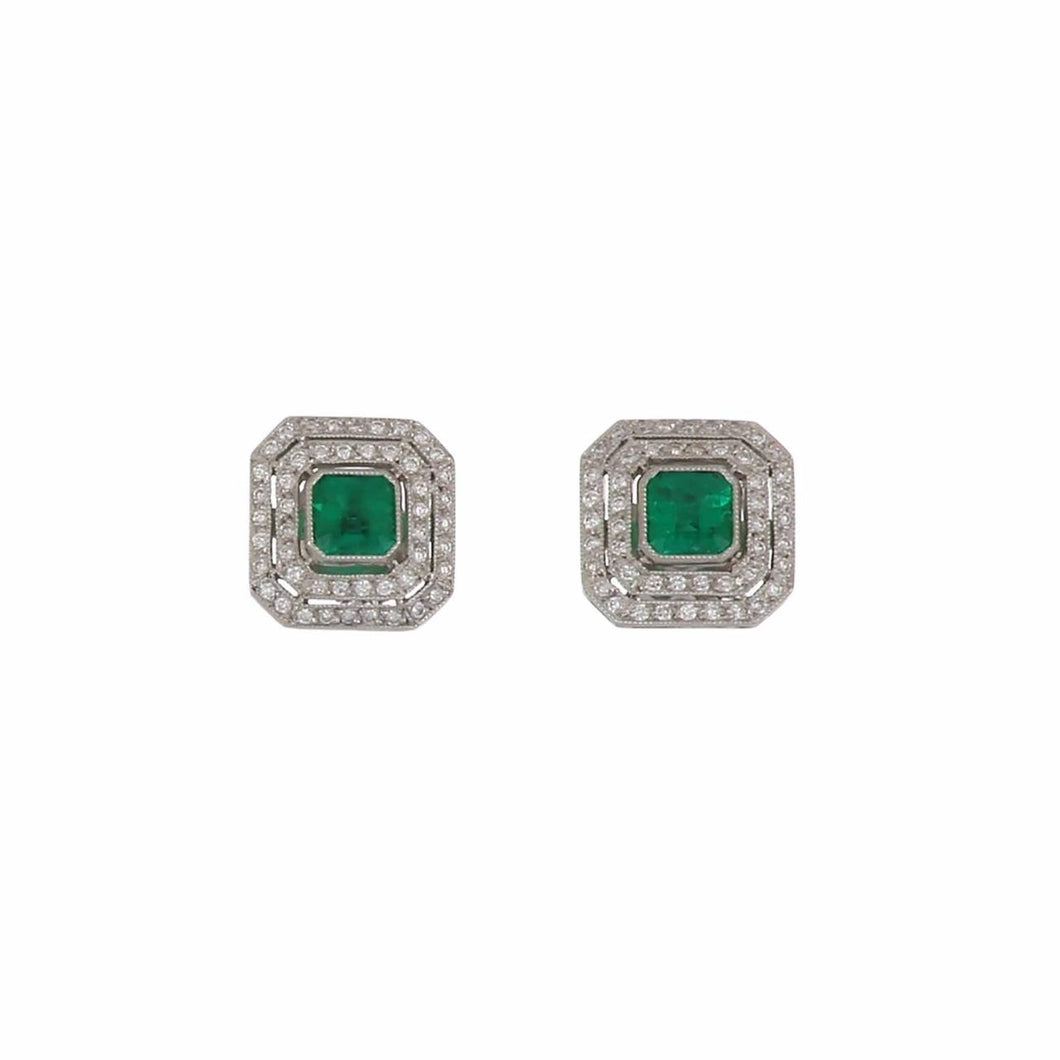 Estate Platinum Target Diamond and Emerald Earrings