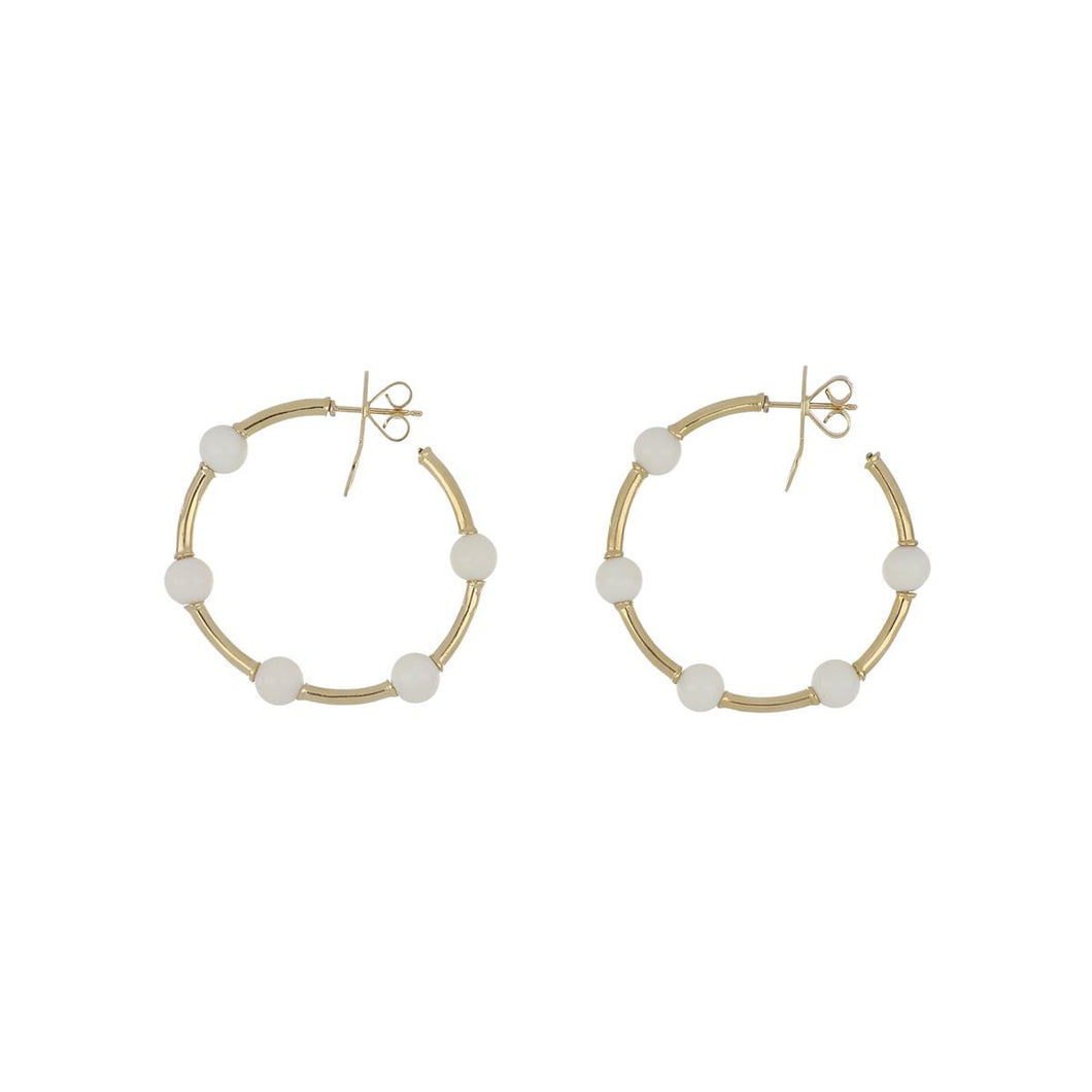 18K Gold White Coral Bead Medium Hoop Earrings