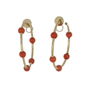 18K Gold Coral Bead Large Hoop Earrings