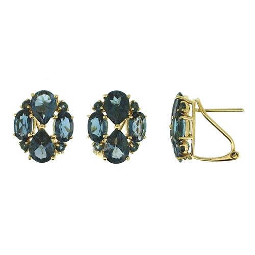 14K Gold Blue Topaz Cluster Earrings
