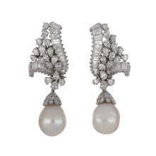 Load image into Gallery viewer, Mid-Century Platinum  South Sea Pearl and Diamond Cluster Day/Night Earrings
