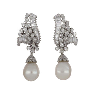 Mid-Century Platinum  South Sea Pearl and Diamond Cluster Day/Night Earrings