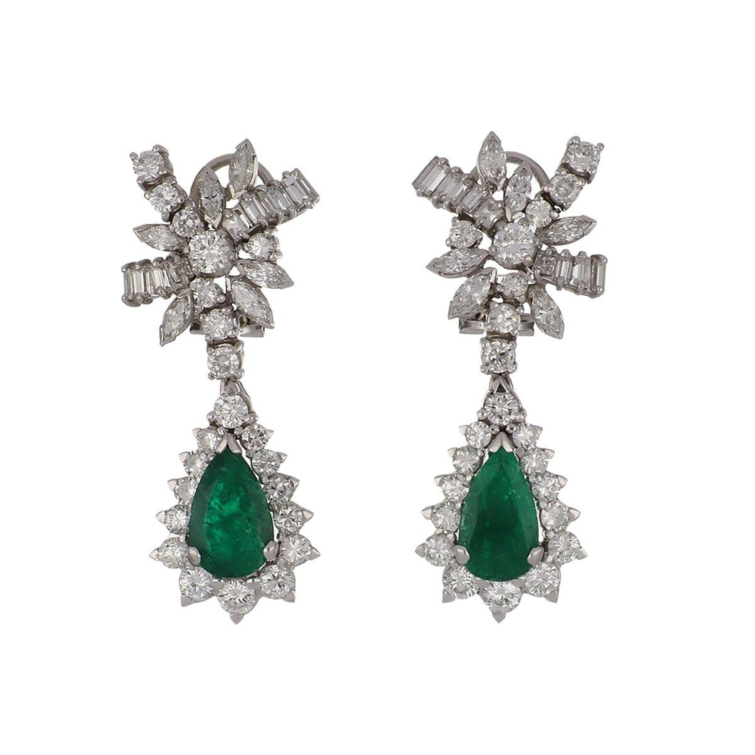 Mid-Century Platinum Pear Shape Emerald & Diamond Drop Earrings