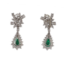 Load image into Gallery viewer, Mid-Century Platinum Pear Shape Emerald &amp; Diamond Drop Earrings
