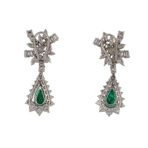 Mid-Century Platinum Pear Shape Emerald & Diamond Drop Earrings