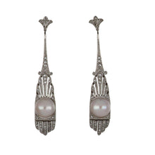Load image into Gallery viewer, Art Deco Platinum and 18K Gold Pearl and Diamond Drop Earrings
