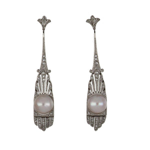 Art Deco Platinum and 18K Gold Pearl and Diamond Drop Earrings