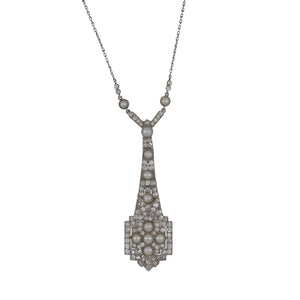 Art Deco Platinum Diamond Pendant Necklace with Pearls