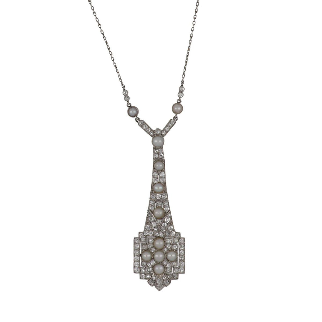 Art Deco Platinum Diamond Pendant Necklace with Pearls
