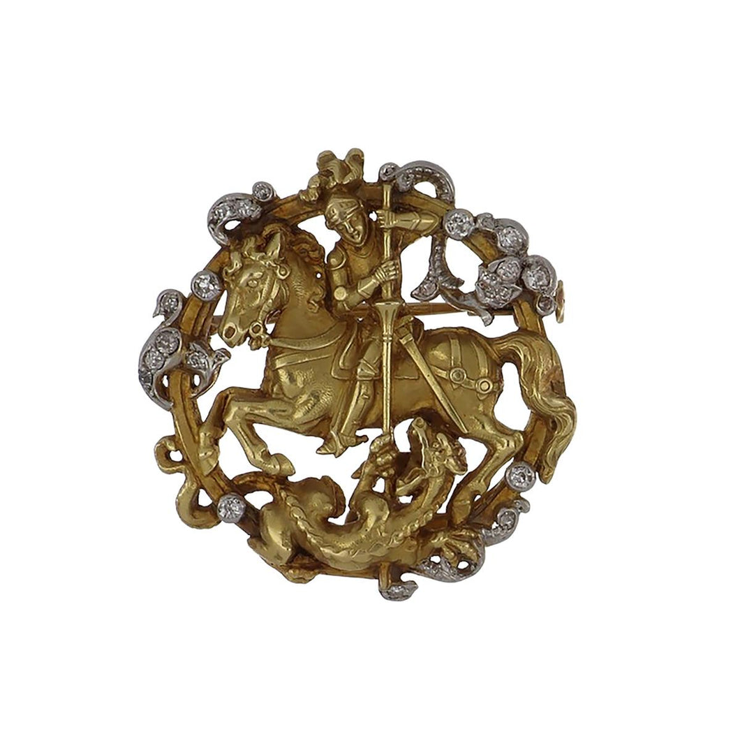 Important Art Nouveau Platinum and 18K Gold Pin with St. George and The Dragon