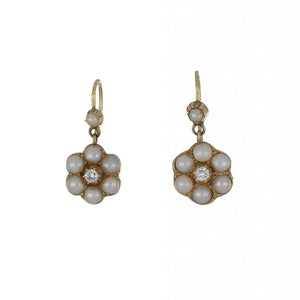 Georgian Gold Split Pearl Cluster Drop Earrings