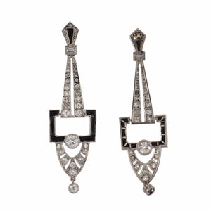 Geometric Diamond and Onyx Platinum Drop Earrings