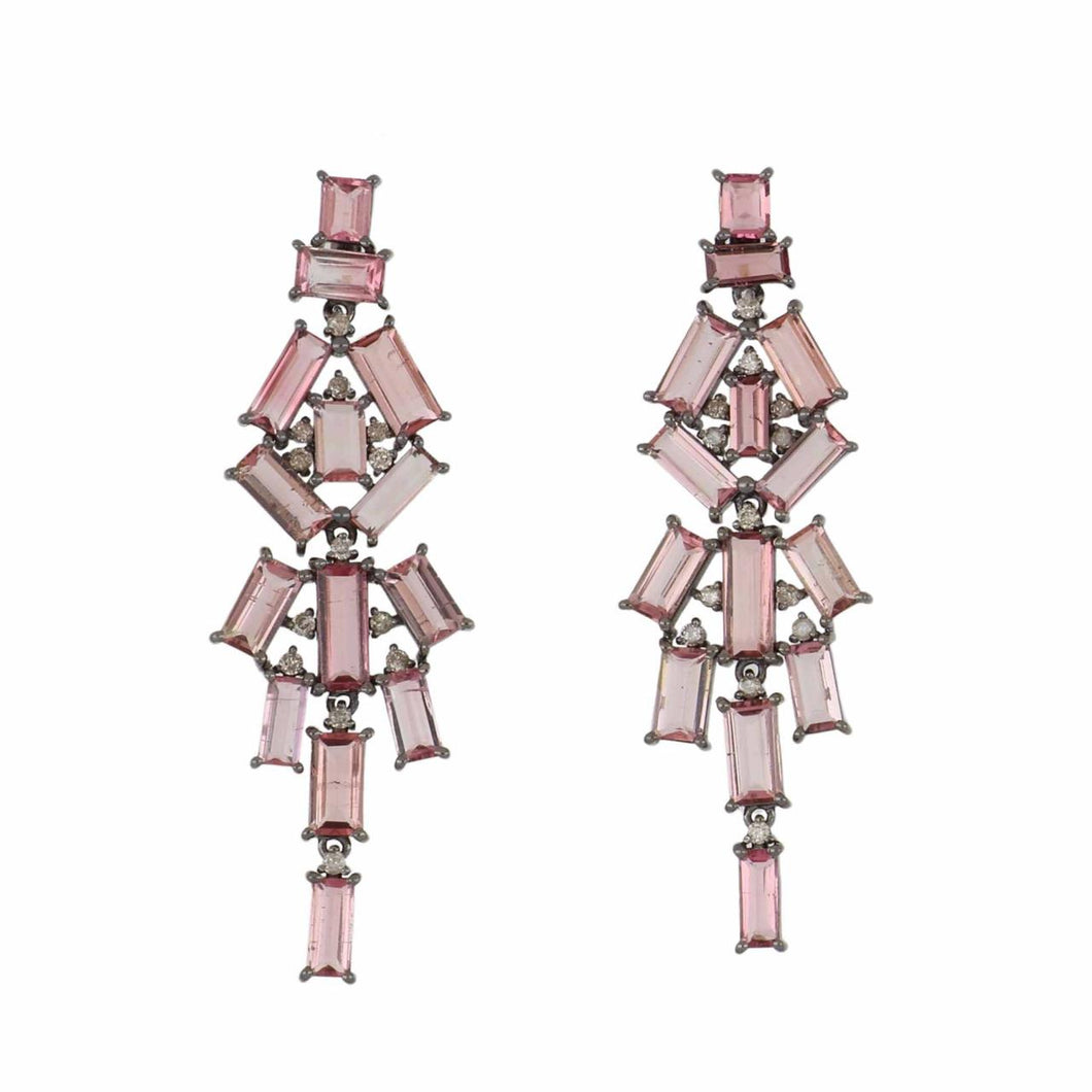 Sterling Silver Pink Tourmaline Geometric Design Drop Earrings