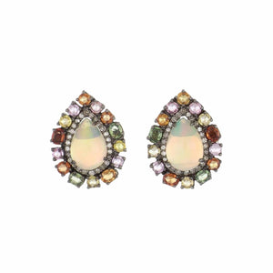Sterling Silver Multi-colored Sapphire and Opal Button Earrings