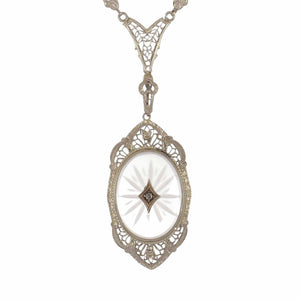 Art Deco Carved Rock Crystal 14K White Gold Pendant Necklace