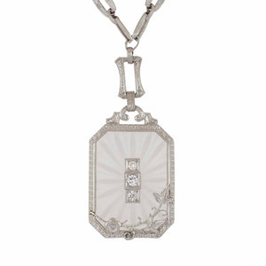 Art Deco Rock Crystal Starburst 14K White Gold Plaque Pendant Necklace