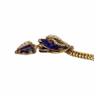 Important Victorian Enamel Serpent and Heart Pendant 18K Gold Bracelet