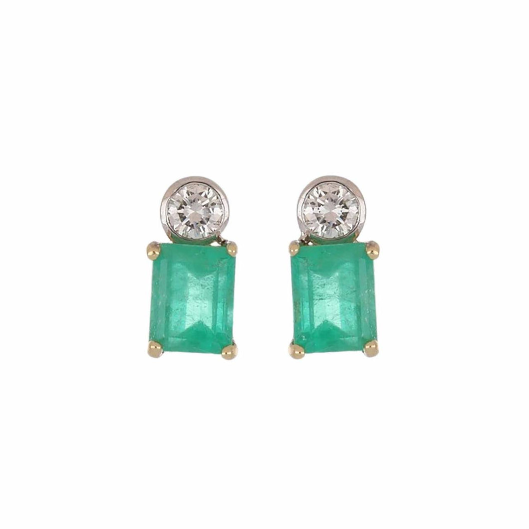 18K Gold Emerald and Diamond Stud Earrings