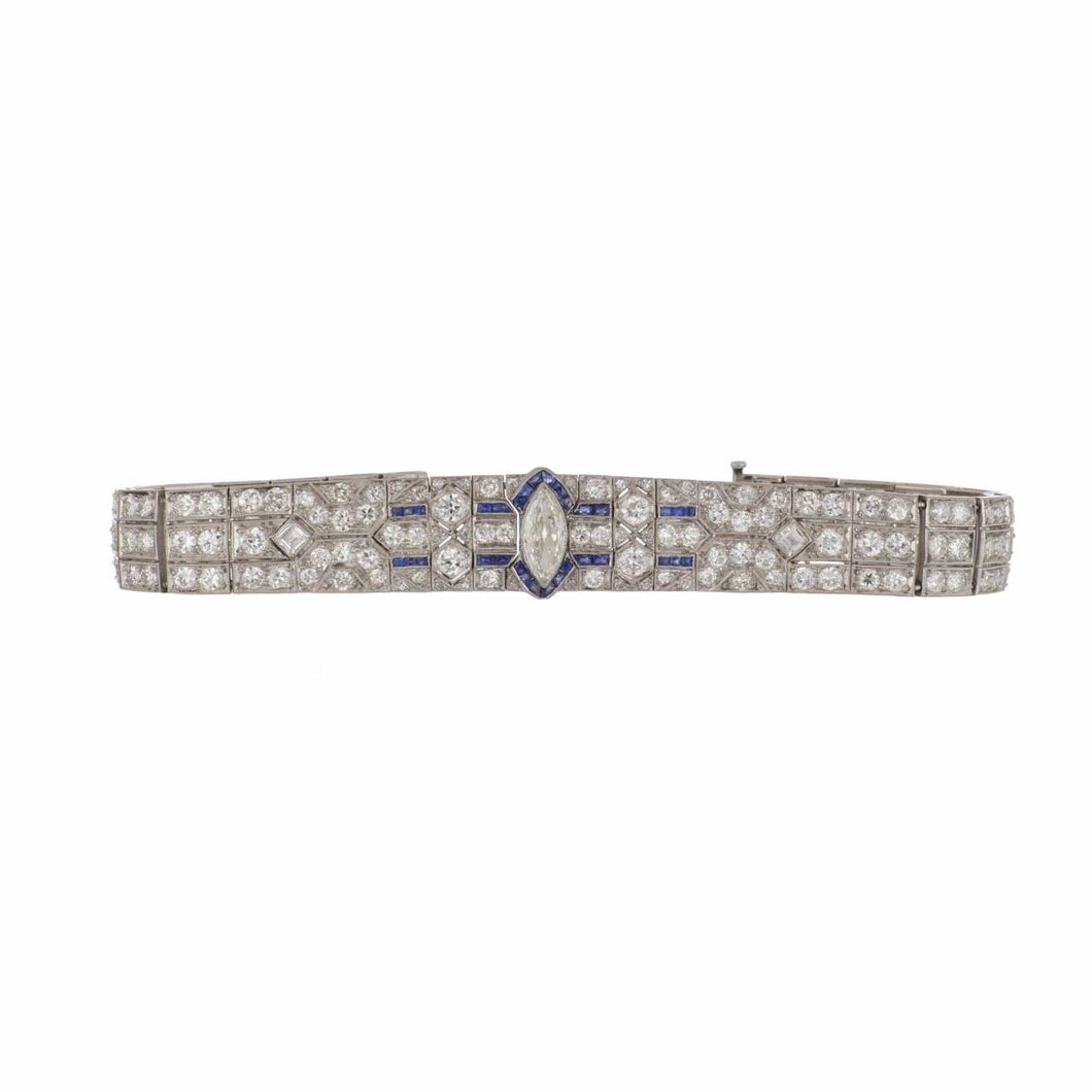 Art Deco Platinum Diamond and Sapphire Plaque Bracelet