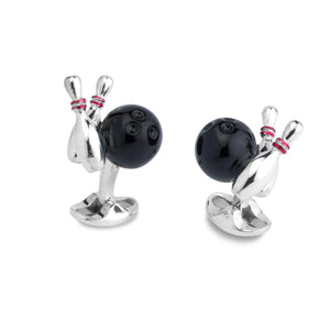 Deakin & Francis Sterling Silver Red & Black Enamel Bowling Ball & Pin Cufflinks