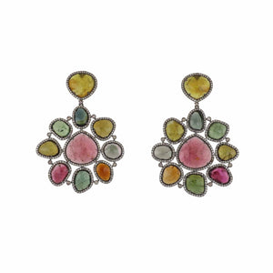 Sterling Silver and 14K Gold Tourmaline and Quartz Slice Drop Earrings