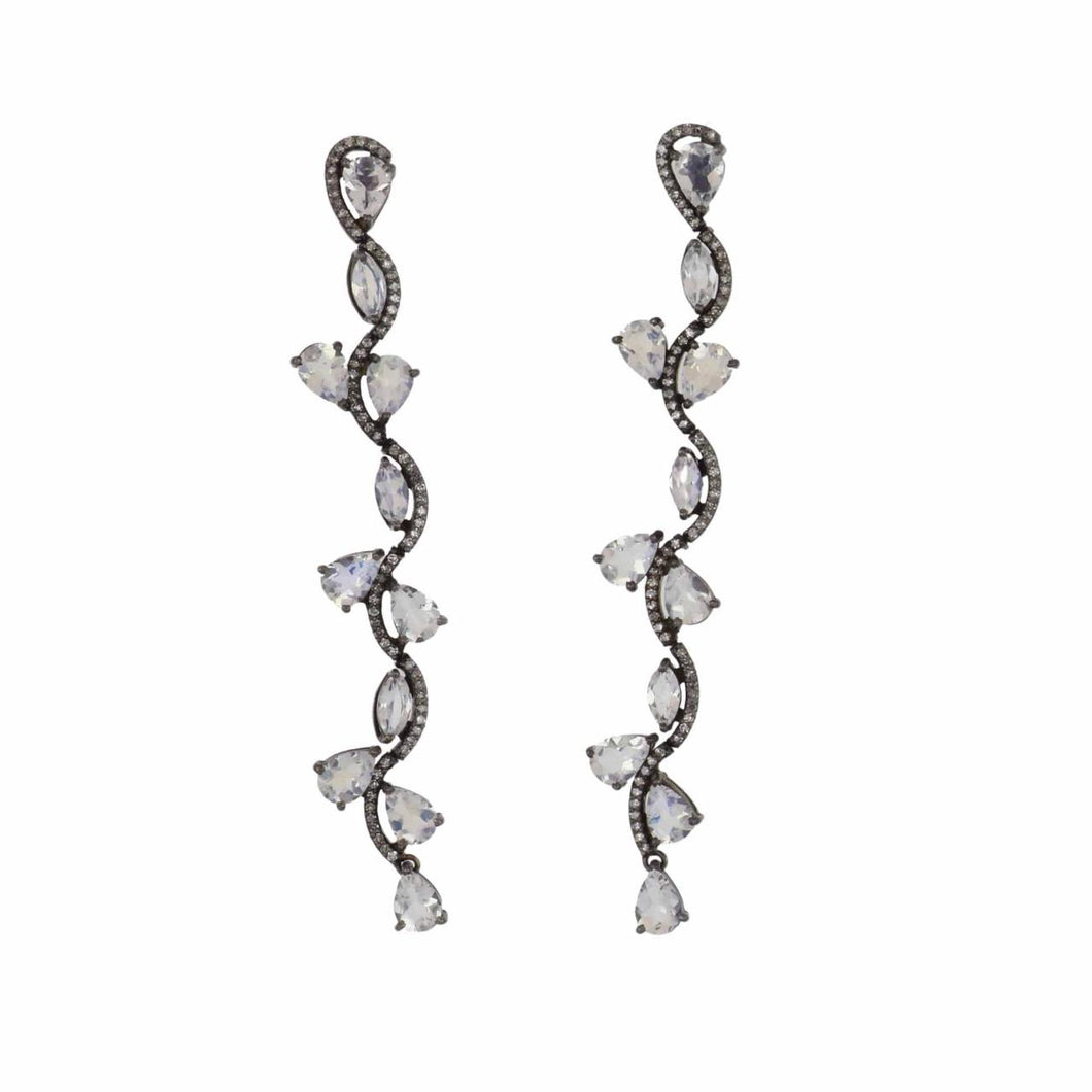 Sterling Silver and 14K Gold Long Moonstone and Diamond Earrings