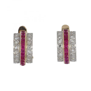 Mid-Century Ruby and Diamond 18K Gold and Platinum Huggie Earrings