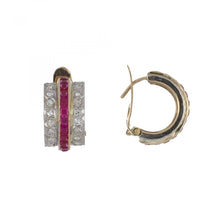 Load image into Gallery viewer, Mid-Century Ruby and Diamond 18K Gold and Platinum Huggie Earrings

