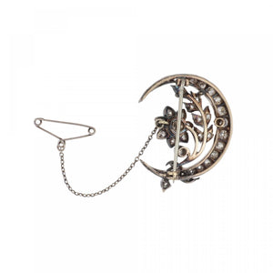Victorian Crescent Moon Sterling Silver and 14K Gold Brooch