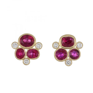 18K Gold Ruby and Diamond Cluster Earrings
