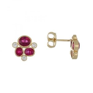 18K Gold Ruby and Diamond Cluster Earrings