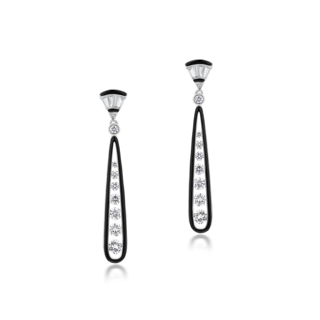 Diamond and Black Enamel 18K White Gold Drop Earrings