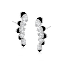 Load image into Gallery viewer, Diamond and Black Enamel 18K White Gold Tiered  Curved Earrings
