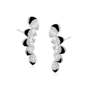 Diamond and Black Enamel 18K White Gold Tiered  Curved Earrings