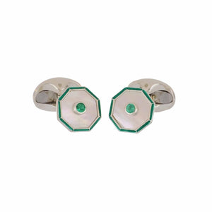 Deakin & Francis Mother-of-Pearl and Emerald Sterling Silver Cufflinks