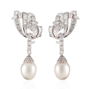 Platinum Cultured Pearl And Diamond Earrings