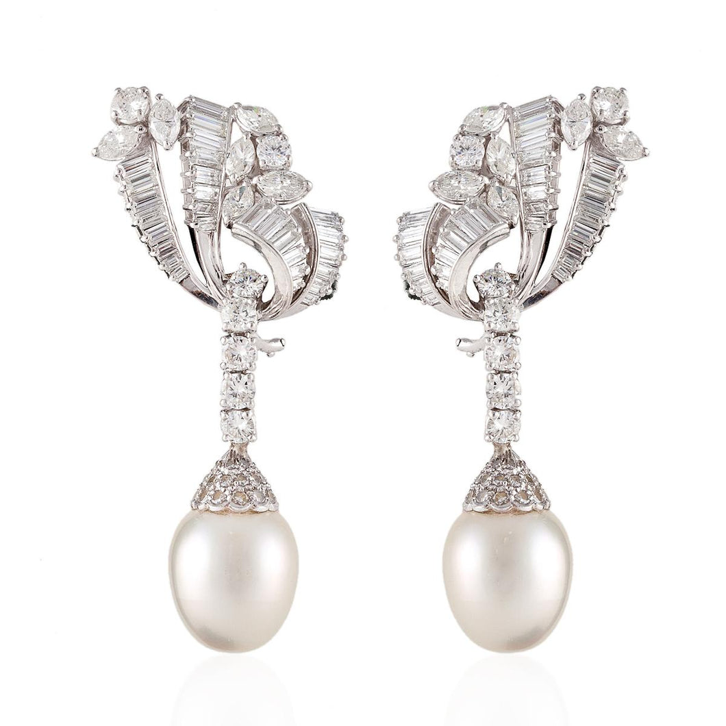 Platinum Cultured Pearl And Diamond Earrings