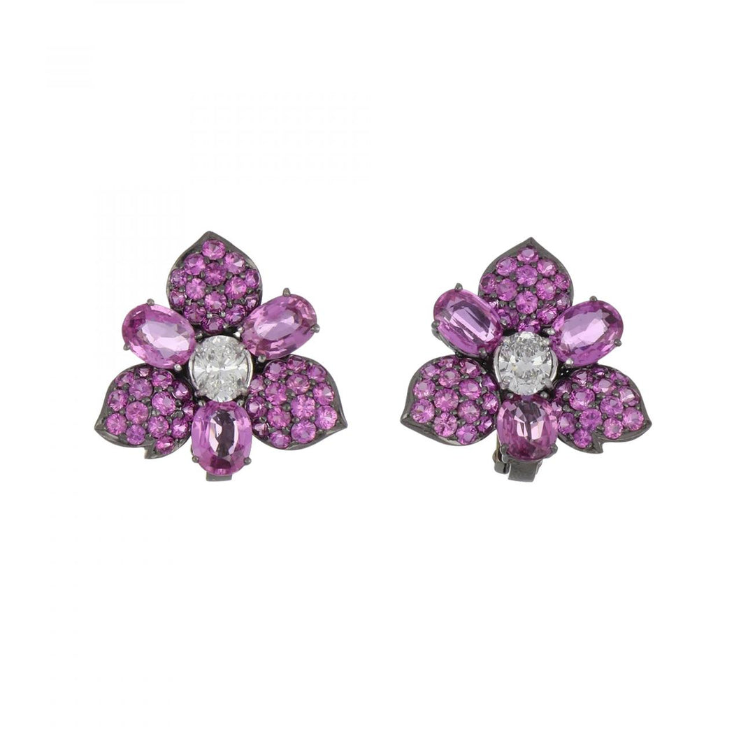 Pink Sapphire and Diamond 18K Gold Flower Earrings