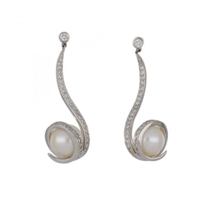 Estate 18K White Gold Pearl Drop Swirl Earrings