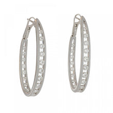 Load image into Gallery viewer, Floating Diamond and White Enamel 18K White Gold Hoop Earrings
