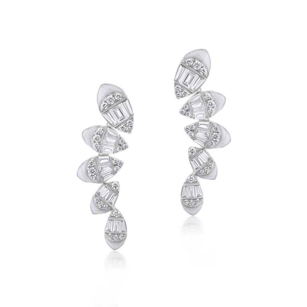 Diamond and White Enamel 18K White Gold Tiered Curved Earrings