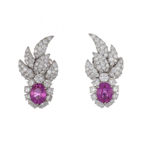 Estate Platinum Pink Sapphire & Diamond Earrings