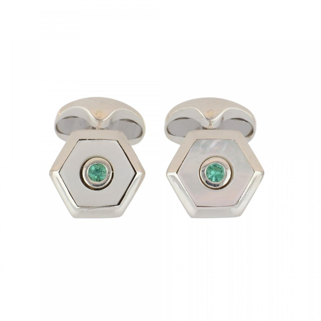 Deakin & Francis Sterling Silver Mother-of-Pearl and Emerald Cufflinks