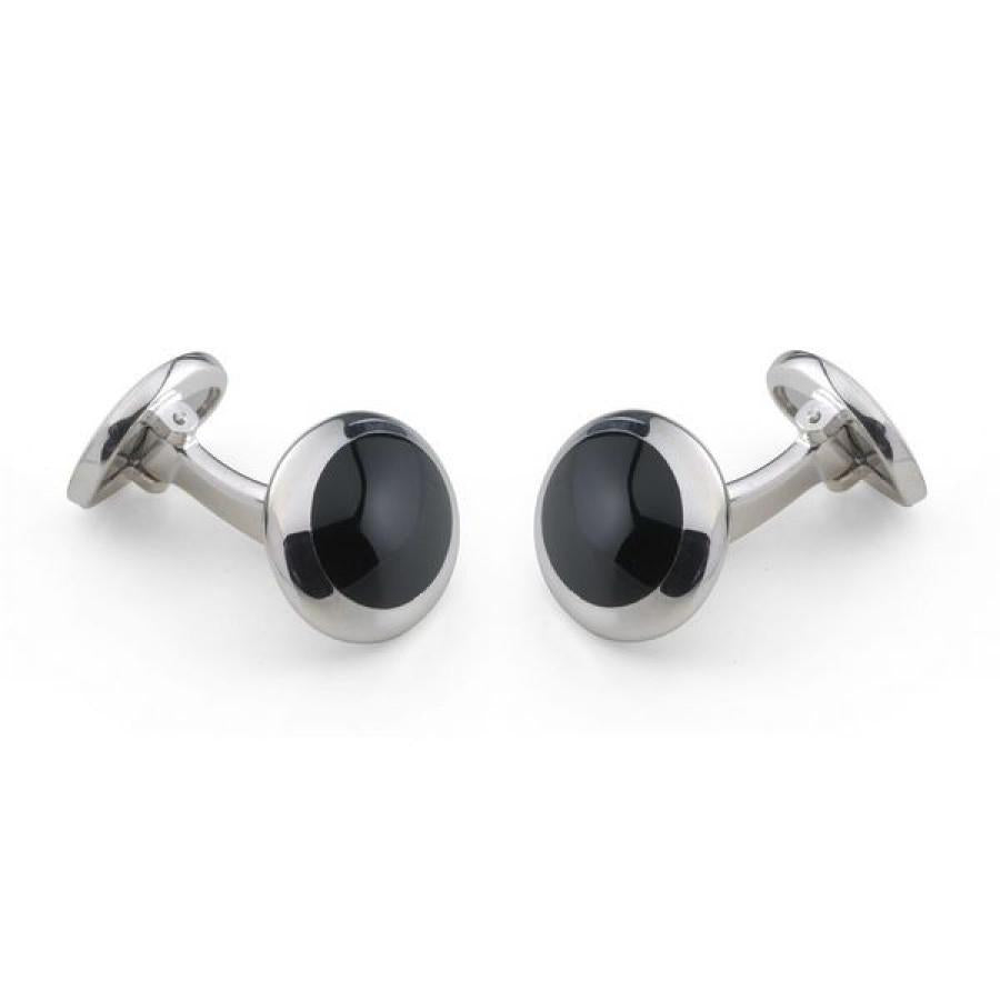 Deakin & Francis Sterling Silver Oval Cufflinks with Onyx Inlay