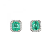 Load image into Gallery viewer, 18K White Gold Emerald and Diamond Halo Earrings
