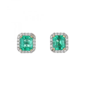 18K White Gold Emerald and Diamond Halo Earrings