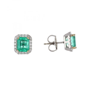 18K White Gold Emerald and Diamond Halo Earrings
