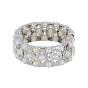 18K White Gold Pearl and Diamond Flexible Cuff Bracelet