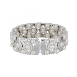 18K White Gold Pearl and Diamond Flexible Cuff Bracelet
