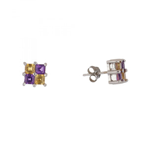 Estate Amethyst and Citrine 14K White Gold Checkerboard Earrings